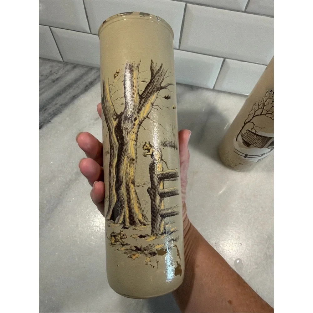 Vintage Set Of 2 Glass Pillar Candles Forest Covered Bridge Scenes